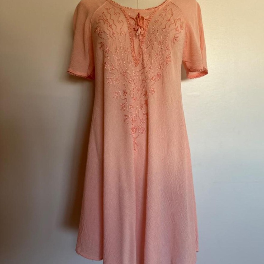 Embroidered Boho Gauze Peasant Dress Peach Free Size India 100% Rayon Free Size